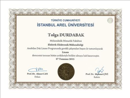 Arel Üniversitesi Elektrik Mühendisliği Diploma-Tolga Durdabak